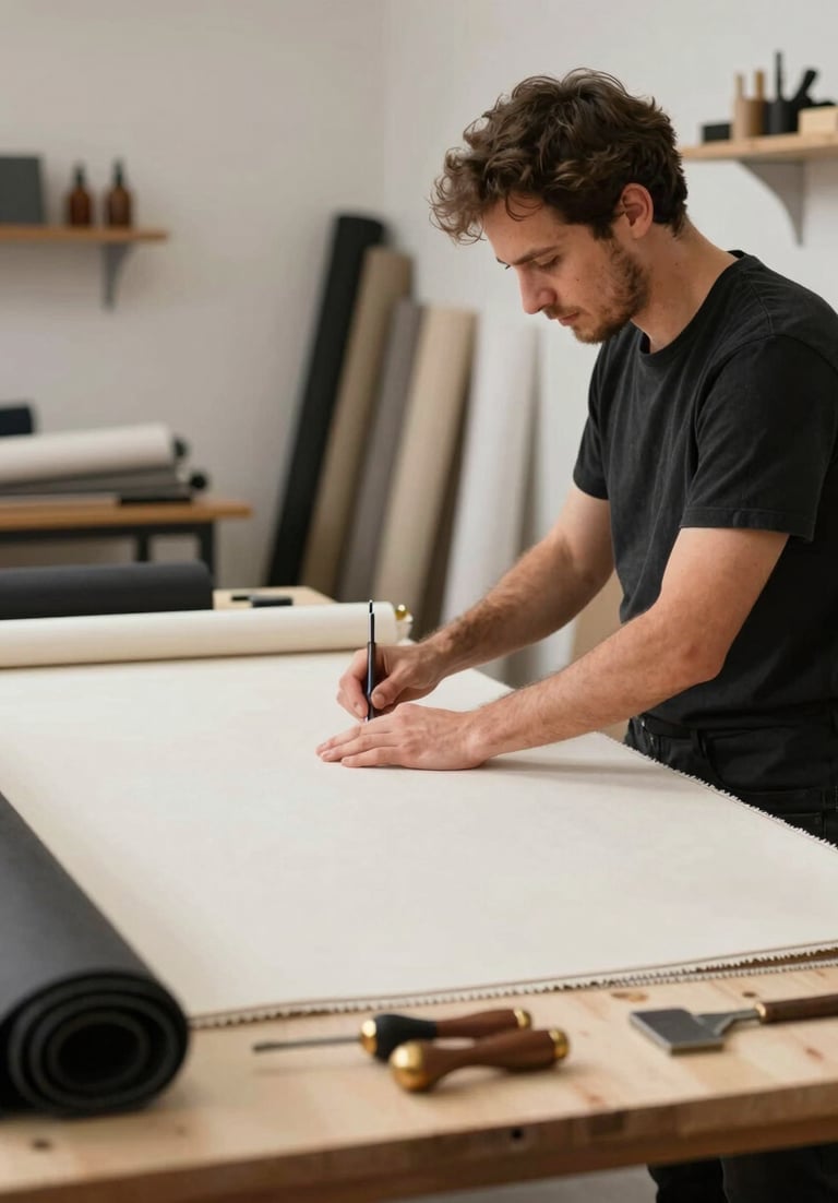 A refined workshop view showing a master craftsman handling high-end upholstery fabric. The environment is organized and professional, with a color palette of ivory, black, and bronze gold highlights in the tools and materials.