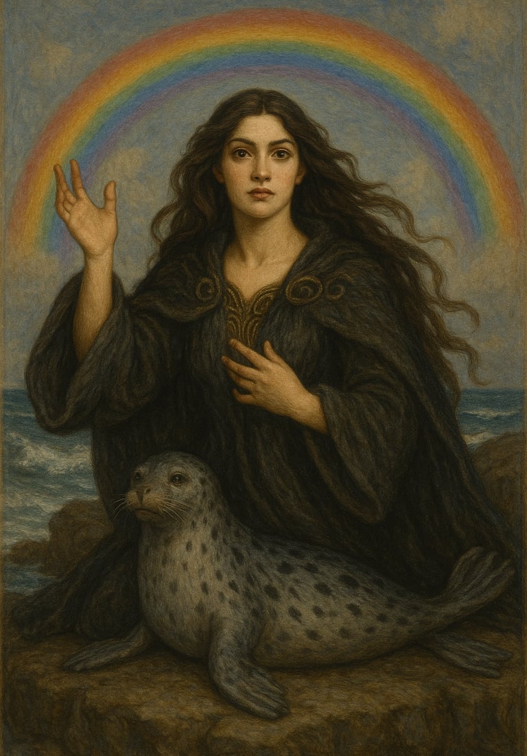 Selkie woman and the rainbow bridge, symbolizing the role of walking between worlds