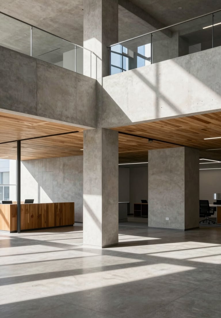 Wide-angle architectural shot of a modern office interior with sharp geometric shadows, raw concrete, and warm wood accents, natural light, high-contrast. No people.