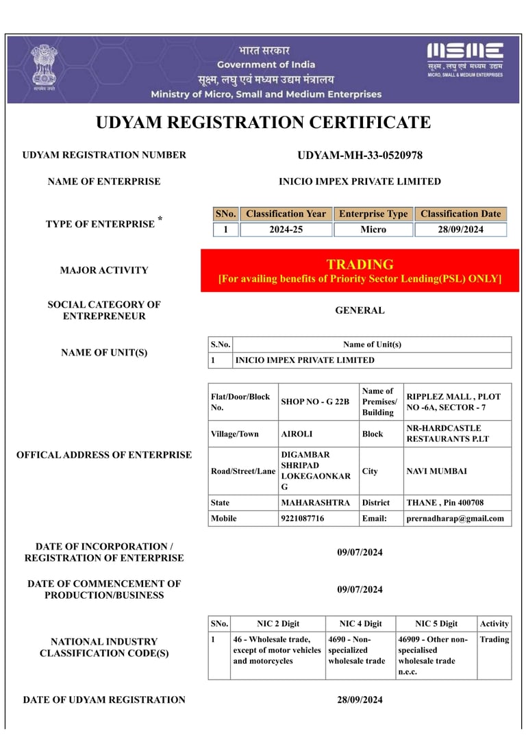 MSME Udhyam Registration Certificate
