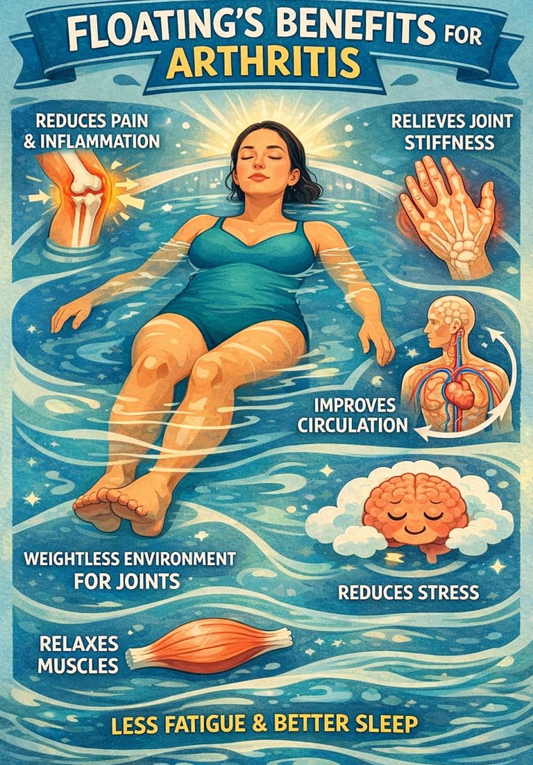Женщина, лежащая в воде, вокруг неё иллюстрации суставов и мышц, которые расслабляются.