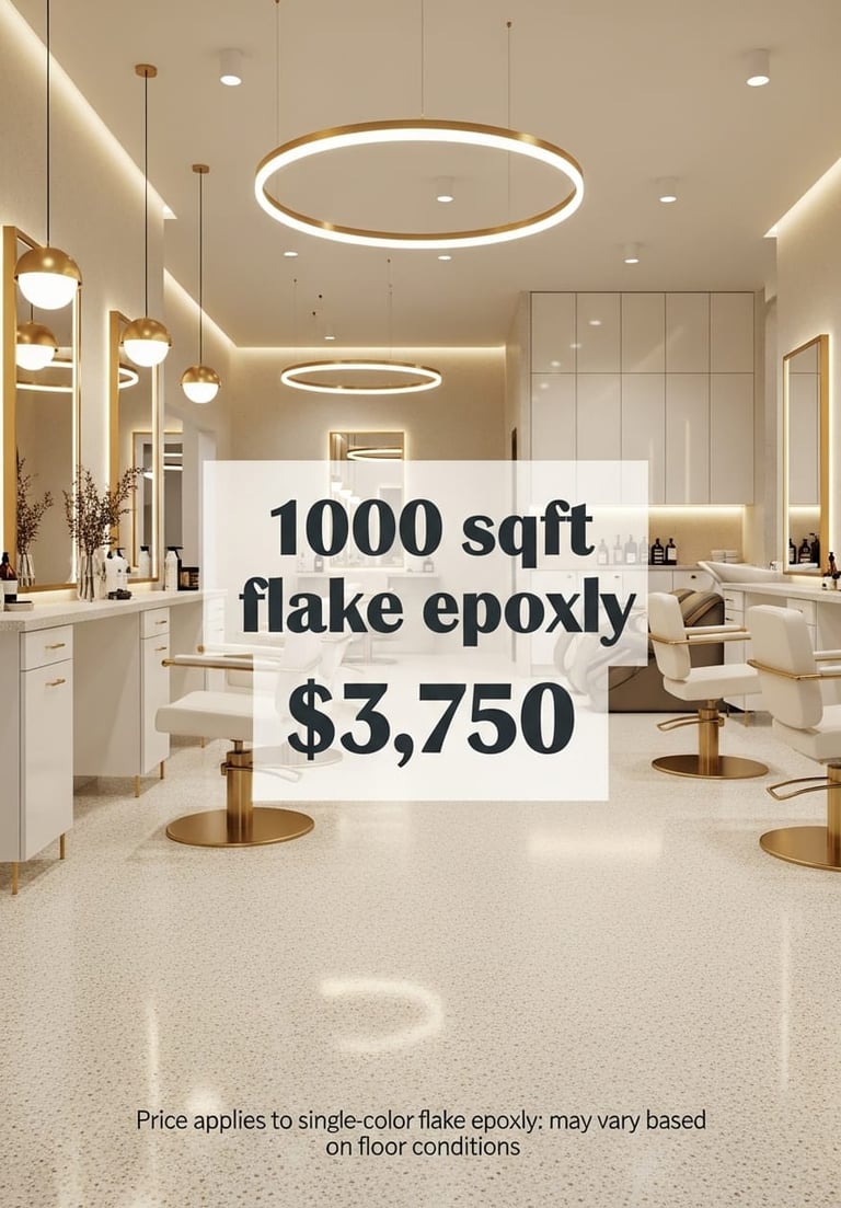 Promotion for luxury hair salons featuring flake epoxy flooring with a $3,750 offer 1000 sqft