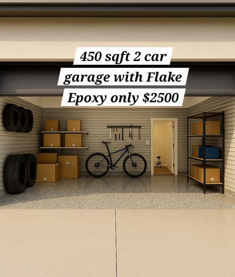 Promotional image for 2 car garages featuring flake epoxy flooring with a $2.500 offer 450 sqft