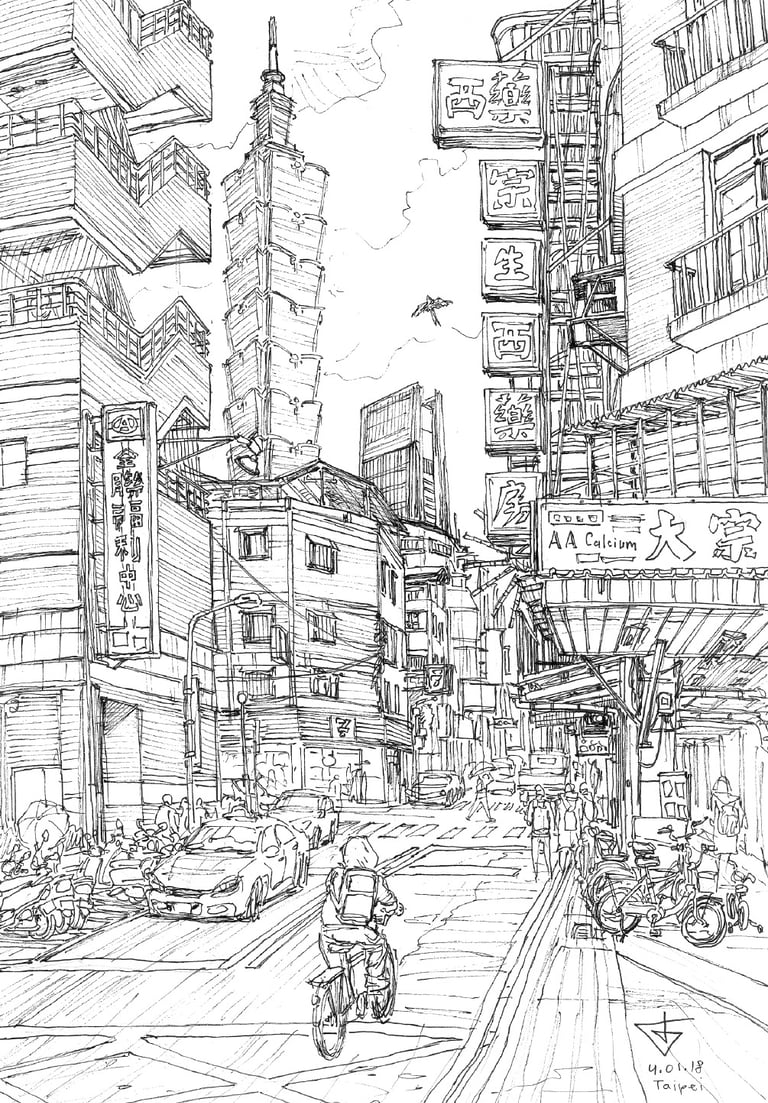Urban sketch by Evgeny Bondarenko in Taipei