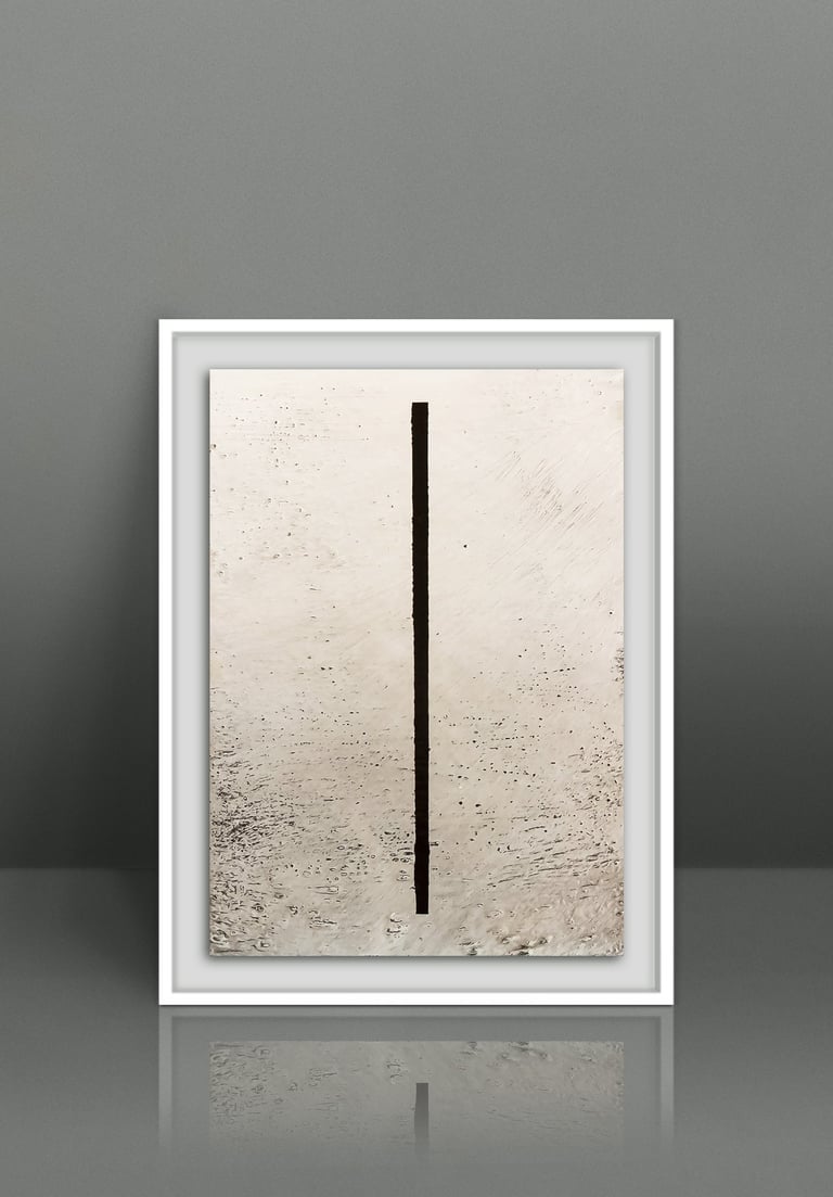 Minimalist abstract wall art featuring a single black vertical line on a textured beige canvas in a white frame.