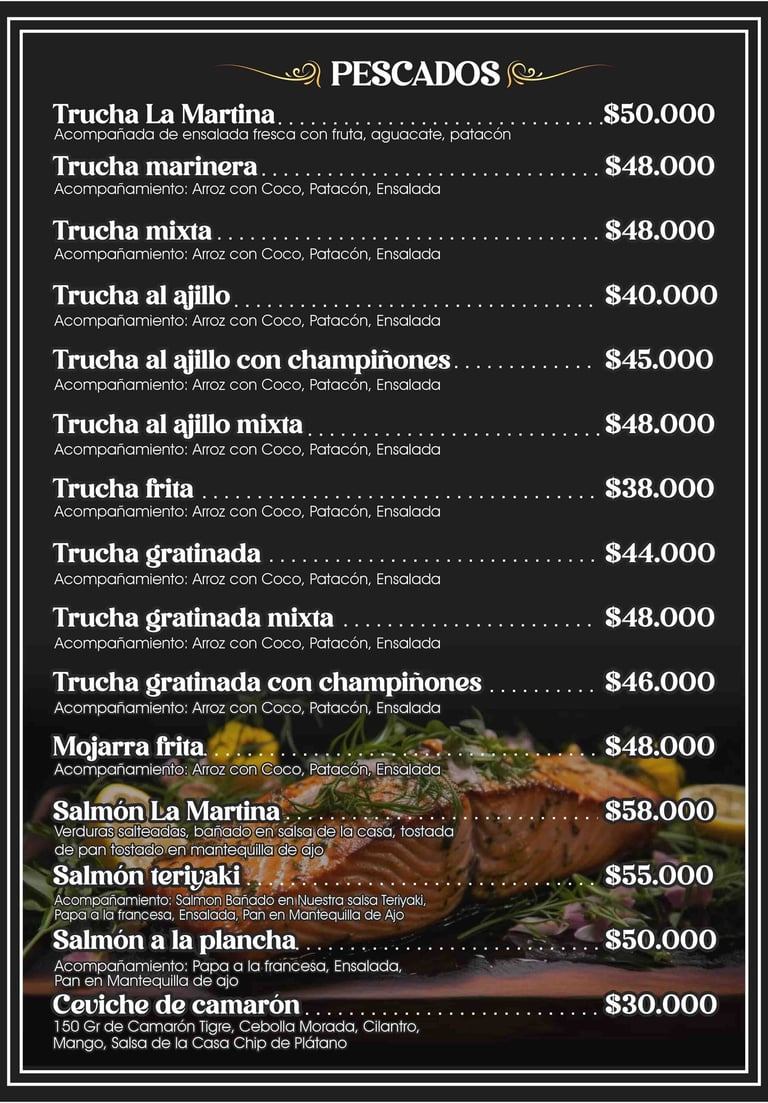 Pescados Menú Restaurante La Matrina en Salento Quidío
