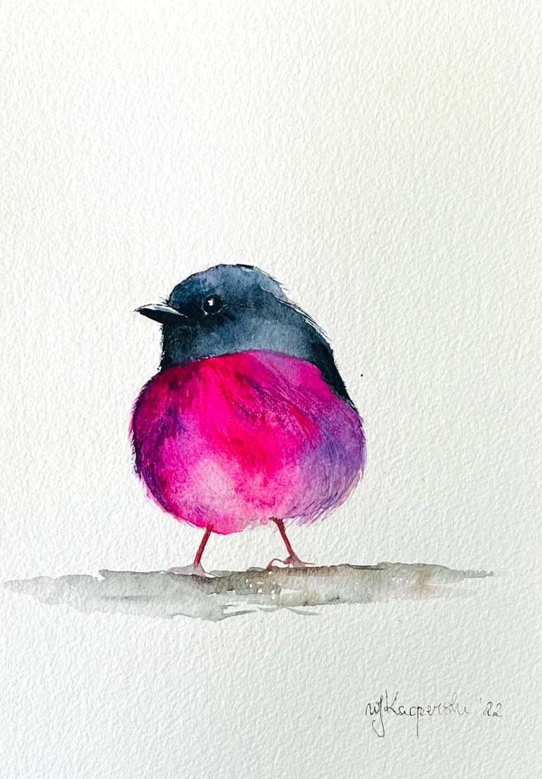 little-bird-in-fuchsia-violet-watercolor-painting-weronika-kacperski
