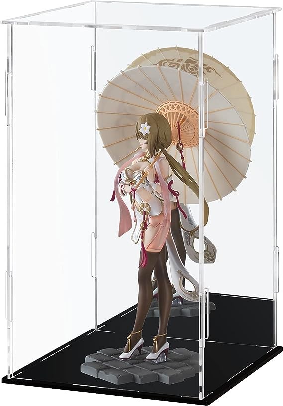 Anime figurine with umbrella in an acrylic display case.