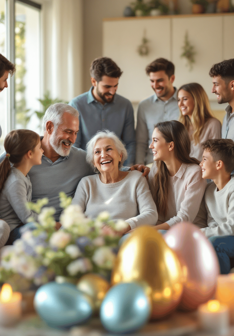 Família celebrando Páscoa com avós, pais e netos, mostrando renascimento auditivo e conexão familiar