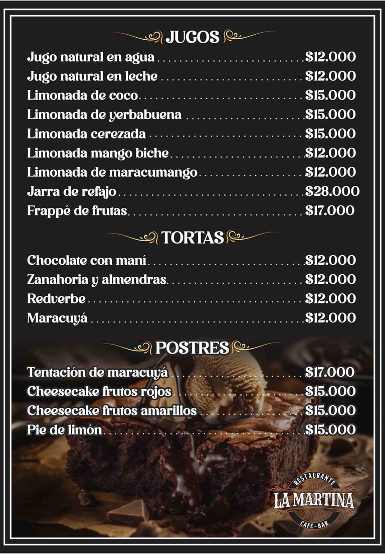 jugos, tortas, postres,  Menú Restaurante La Matrina en Salento Quidío