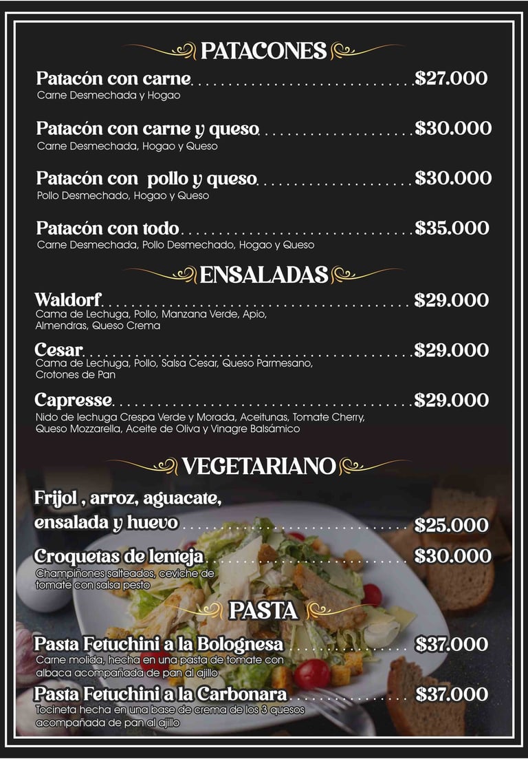 Patacones, Ensaladas y Platos vegetarianos  Menú Restaurante La Matrina en Salento Quidío