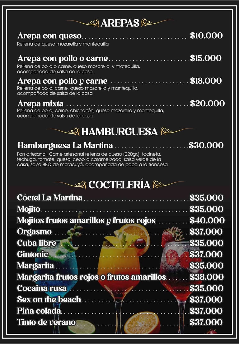 Arepas, hamburguesa, cocteleria  Menú Restaurante La Matrina en Salento Quidío