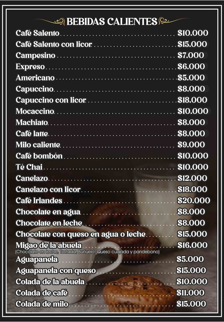 Bebidas calientes,  Menú Restaurante La Matrina en Salento Quidío