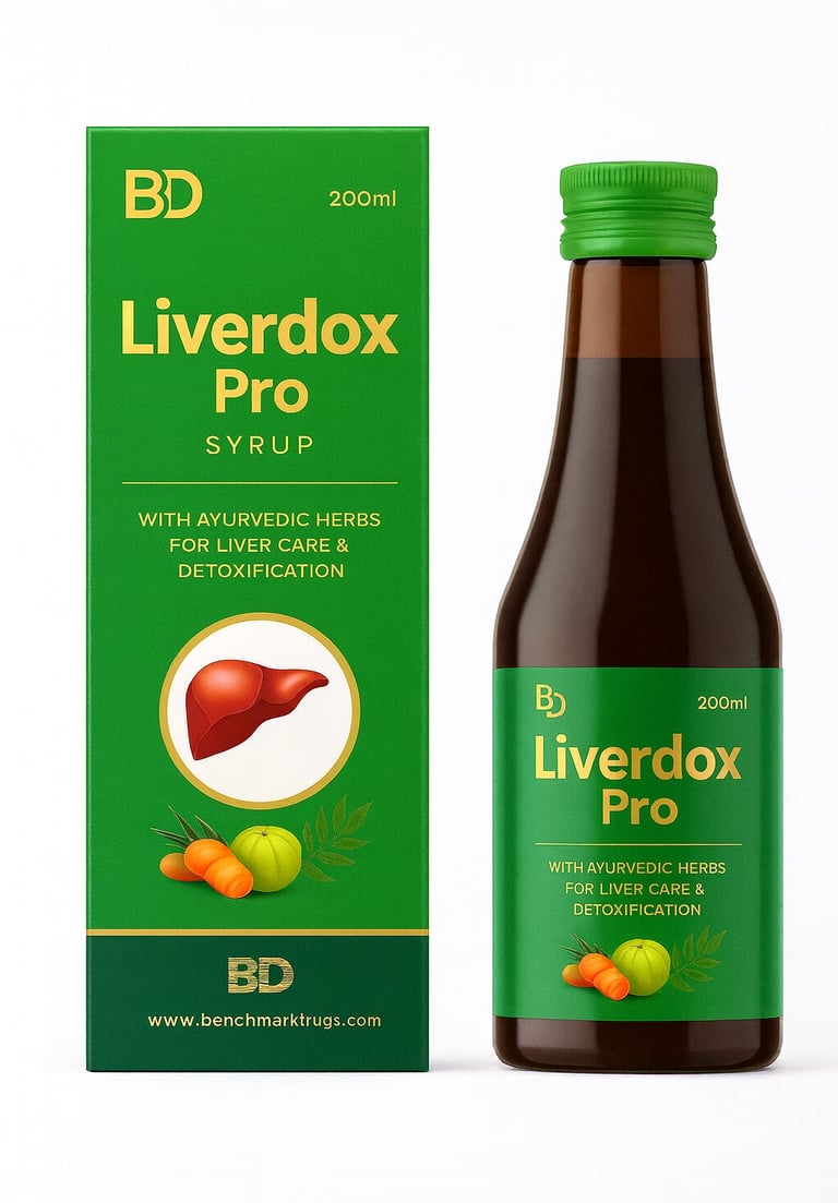 alt="Liverdox Pro Syrup herbal liver support and detox tonic by Benchmark Drugs"