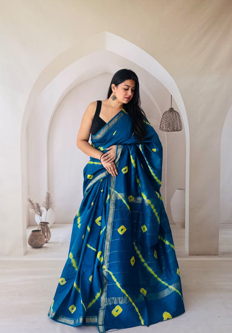 Handcrafted Shibori print Maheshwari silk saree with artistic patterns
