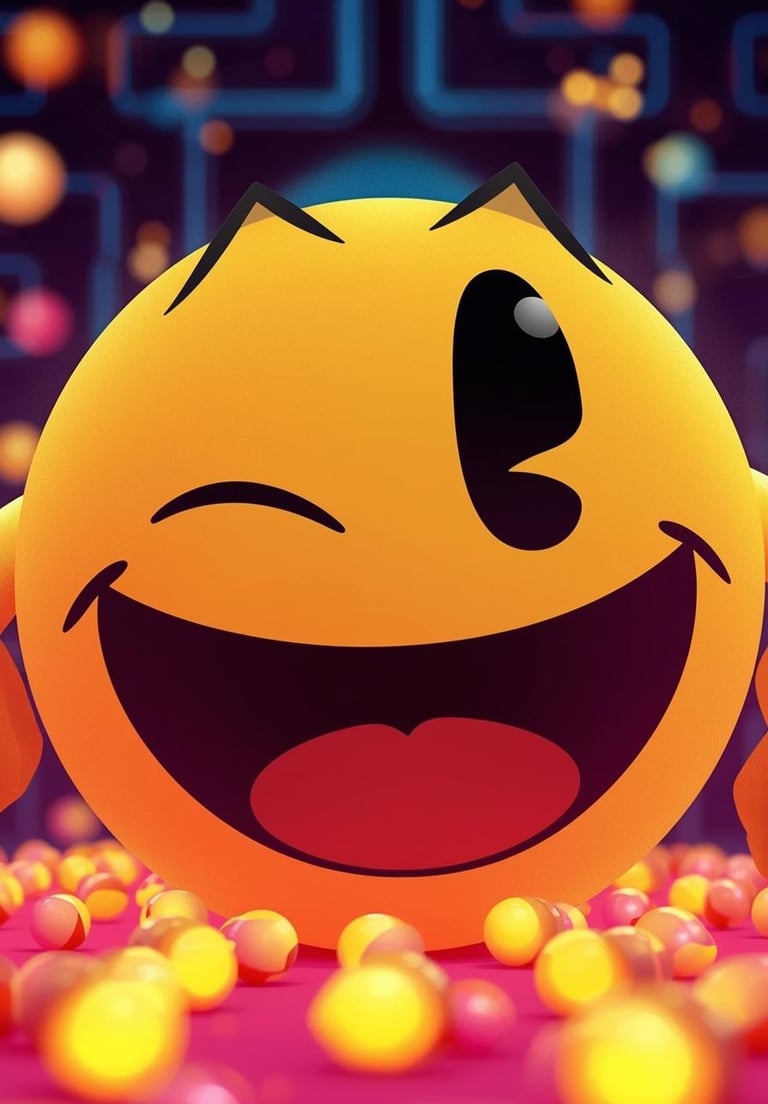 Pac-Man in primo piano che sorride, pillole sparse intorno