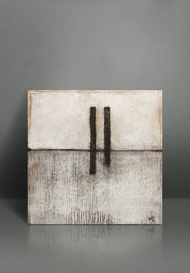 Minimalist abstract canvas wall art featuring textured neutral tones and black geometric lines.