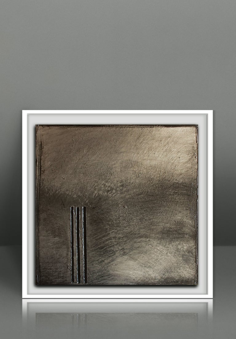 Minimalist bronze textured abstract painting in a white frame, featuring three vertical lines.