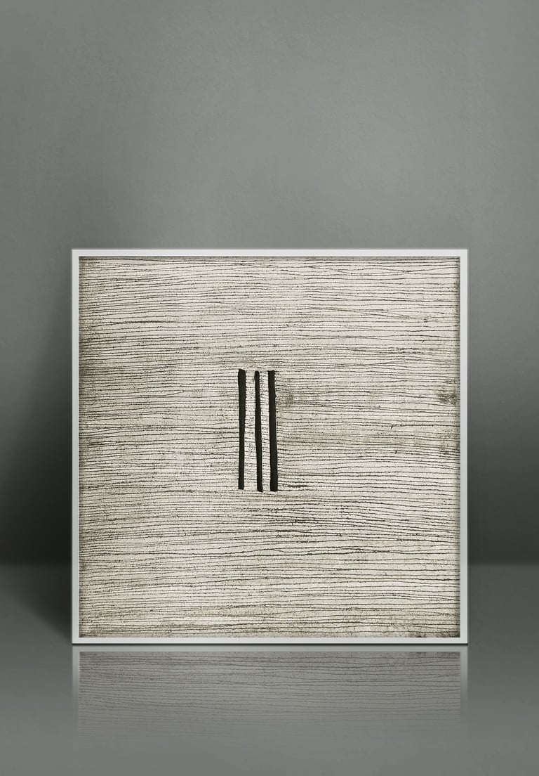 Framed minimalist abstract art with horizontal textured lines and three vertical black strokes.