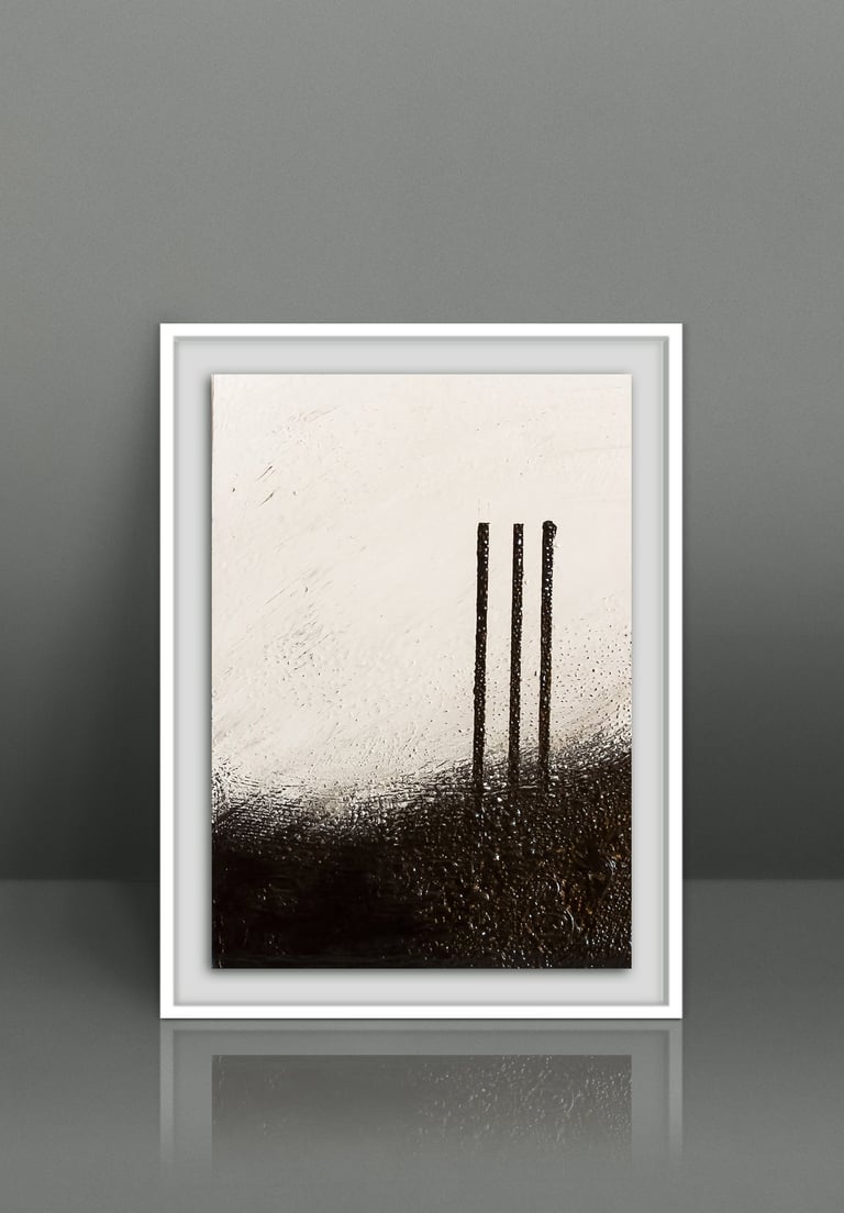 Framed minimalist abstract painting featuring black vertical lines on a textured white and dark background.