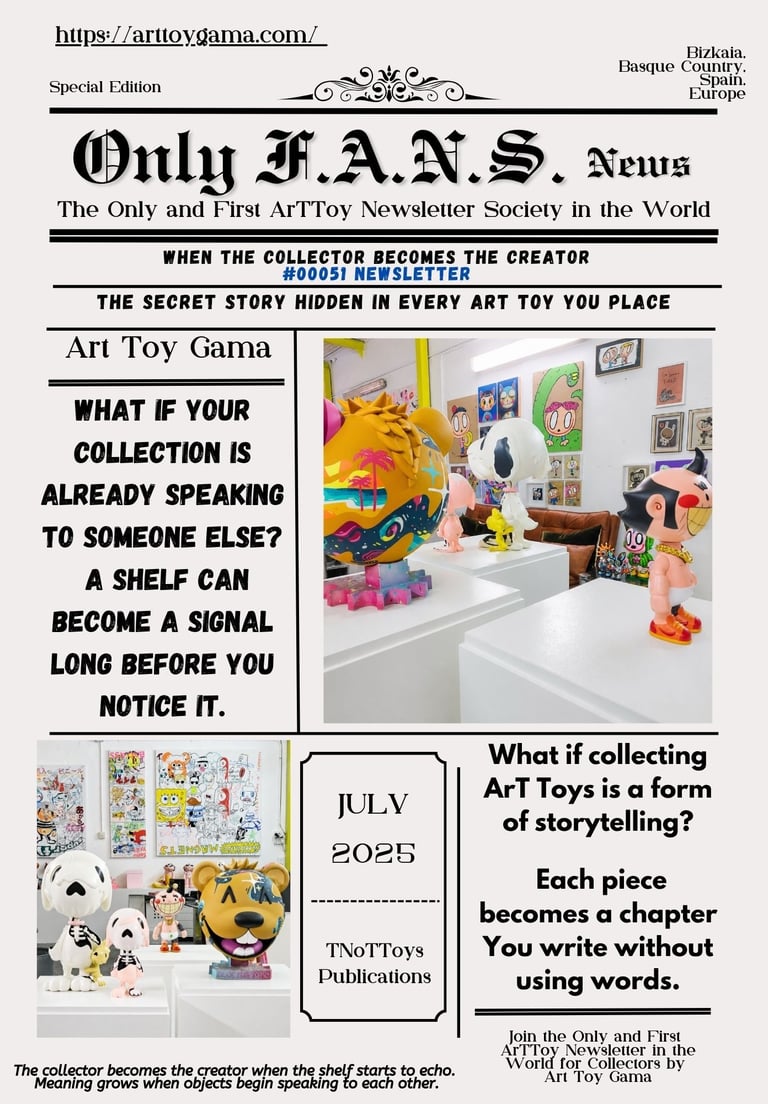 Only F.A.N.S. Art Toy News newsletter featuring a colorful designer toy gallery and collectible figures.