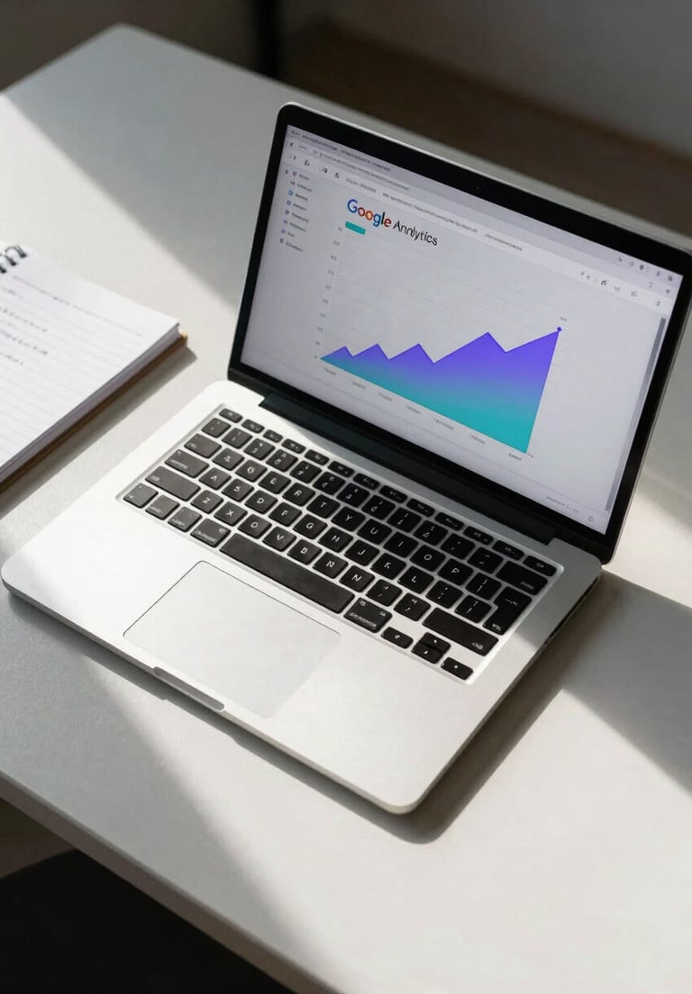 Wide shot from above of a desk with an open laptop showing a Google Analytics dashboard with rising traffic graphs in purple and cyan, a notebook with handwritten notes beside it, clean studio daylight from the left, high contrast, no people visible