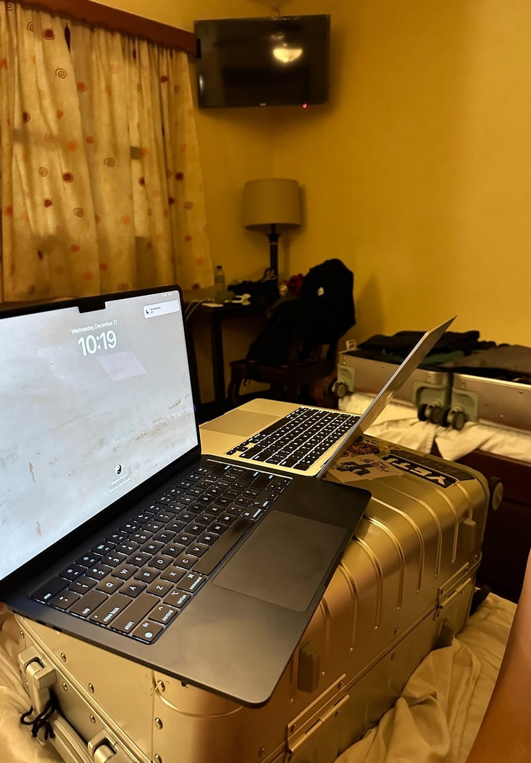 Working off our Away suitcase in a hostel in Nicaragua.