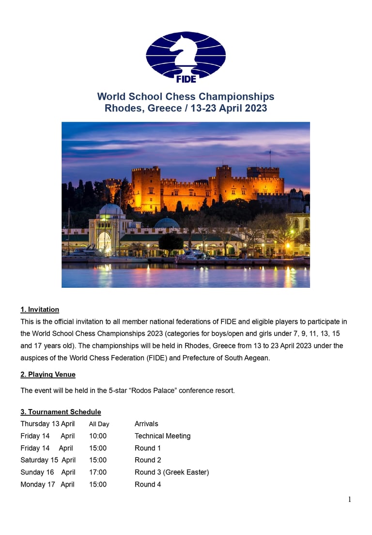 World School Chess Championship 2023 Fide Event in Rodos Palace, Rhodes. Greece. FIDE Chess