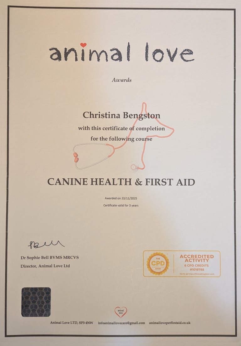 A certificate from Animal Love awarded to Christina Bengston