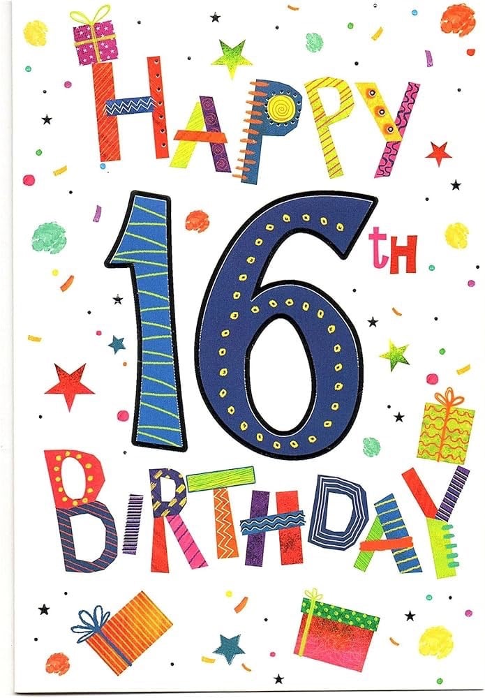 Colorful Happy 16th Birthday card featuring vibrant patterned letters, gifts, and stars.