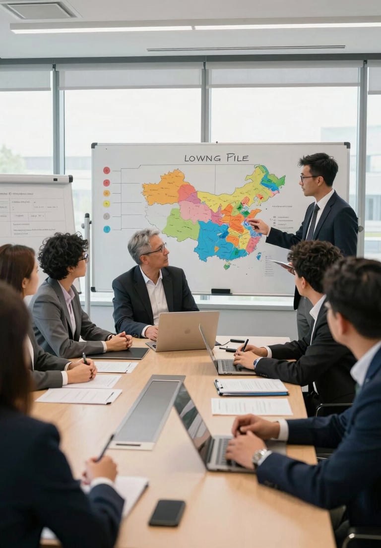 Wide environmental shot of a sales team in a modern meeting room, whiteboards showing pipeline stages and territory maps, team members mid-discussion around a conference table, daylight from large windows, candid and active