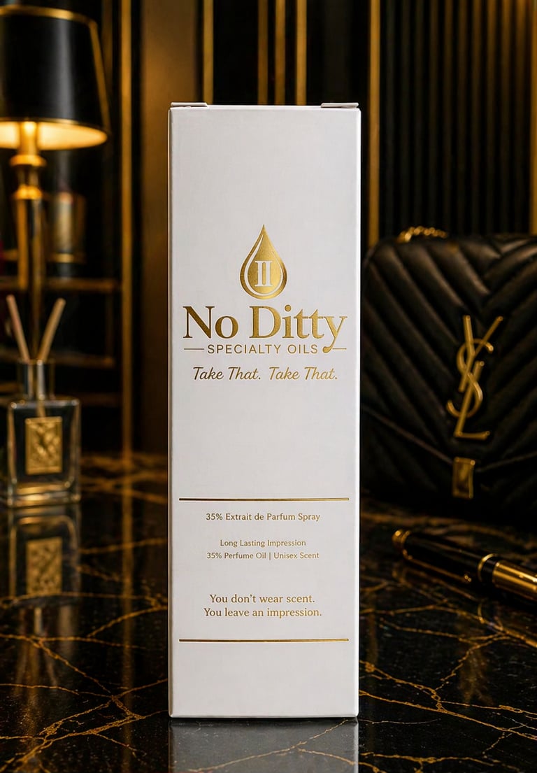 No Ditty 35% Extrait de Parfum spray and luxury gold-trimmed packaging for high-concentration fragrances.