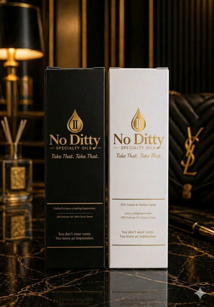 No Ditty 35% Extrait de Parfum spray alongside 25% Extrait/Parfum signature luxury gold-trimmed packaging.