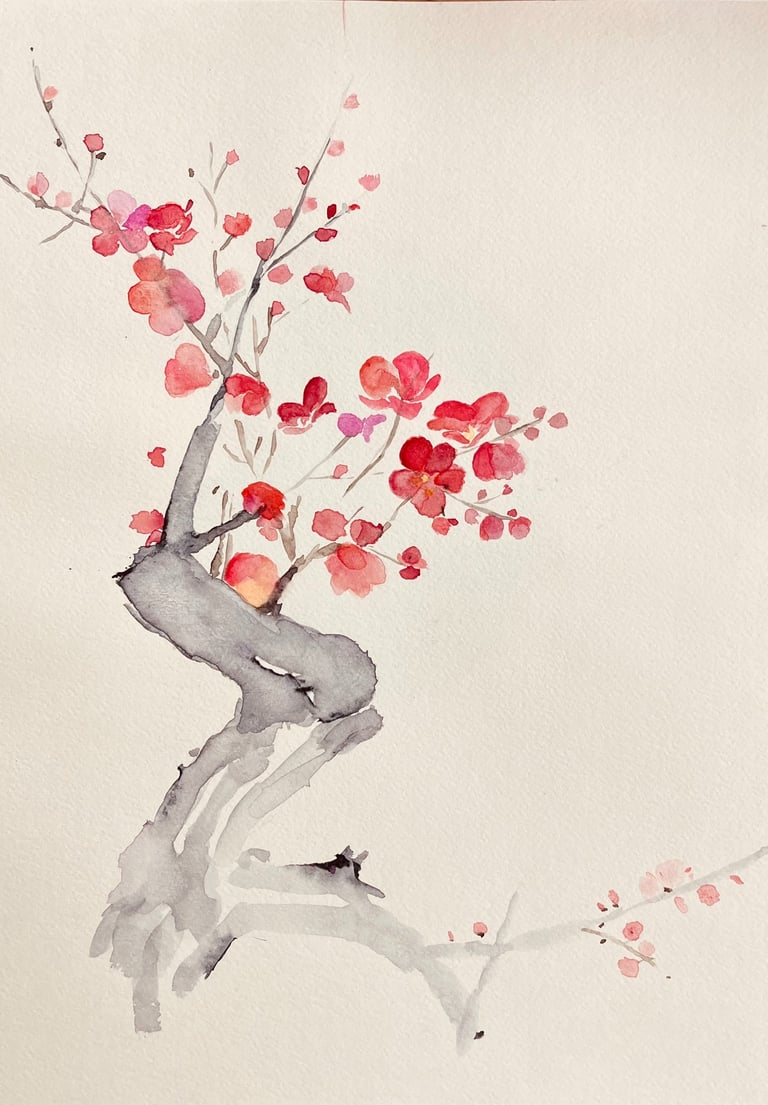Minimalist Japanese Cherry Blossom Painting | Elegant Sakura Watercolor by Weronika Kacperski