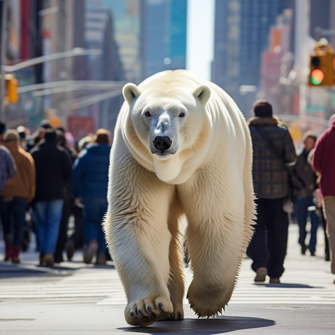 A polar bear walking across a city street. This is Biploar Bear, an alter ego of Peter Pickering.