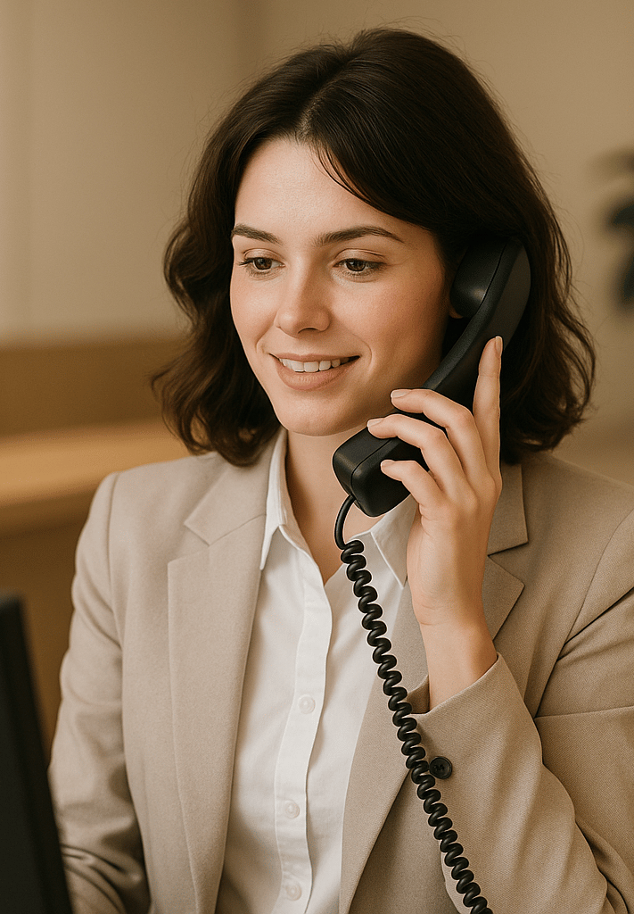 uma mulher de terno e gravata está falando ao telefone