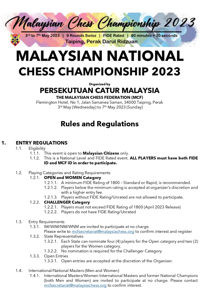 Malaysian Chess Championship 2023. Chess Malaysia. Catur Malaysia. Malaysian Chess Federation