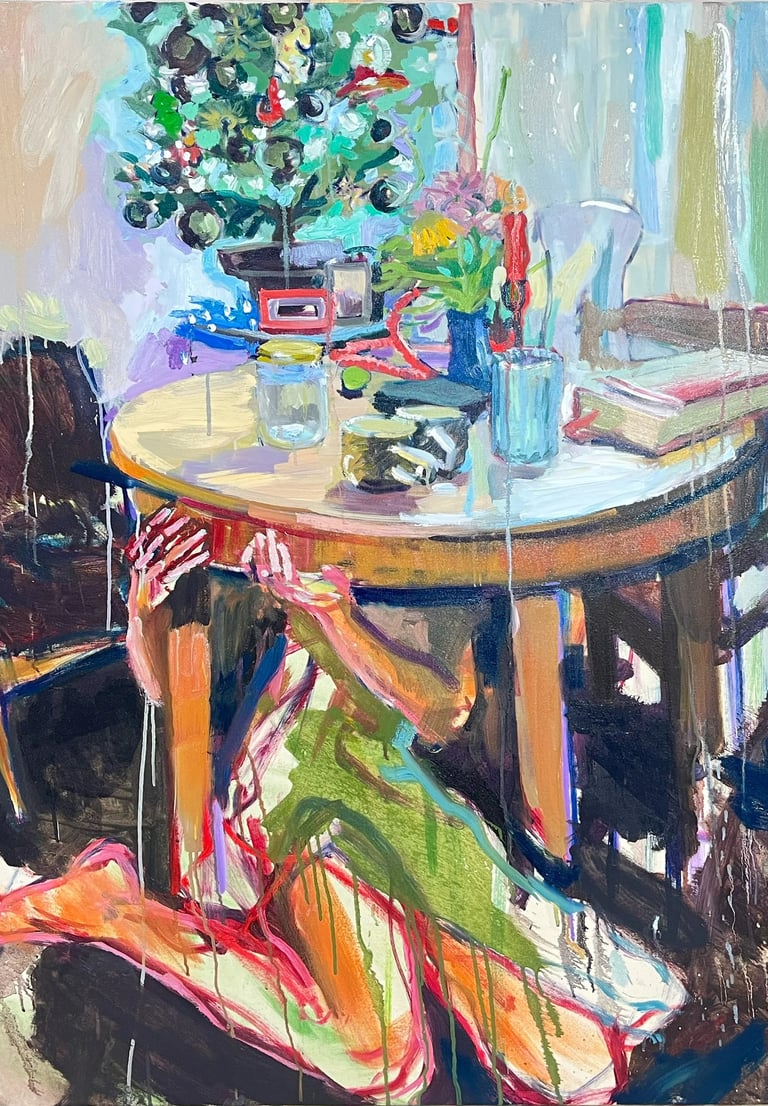 a painting of a table with a vase of flowers