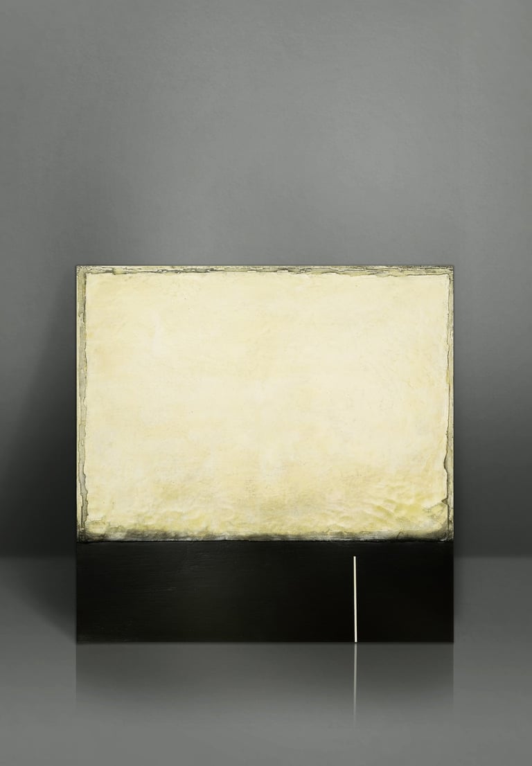 Minimalist abstract painting with a textured cream square above a black band on a grey background.