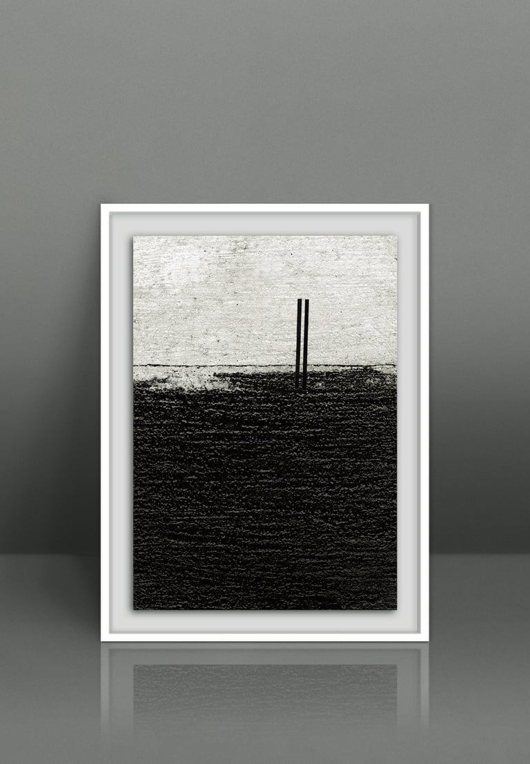 Minimalist black and white abstract wall art print in a white frame on a grey background.