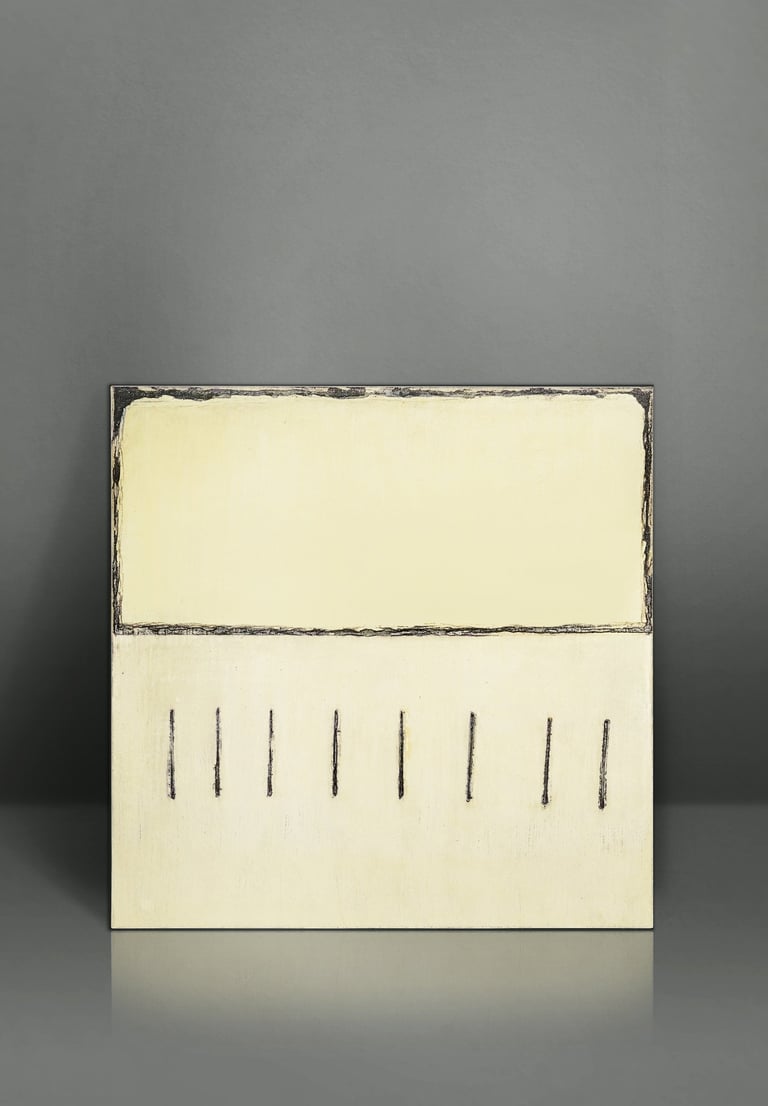 Minimalist abstract canvas art featuring cream panels with black vertical lines on a grey background.