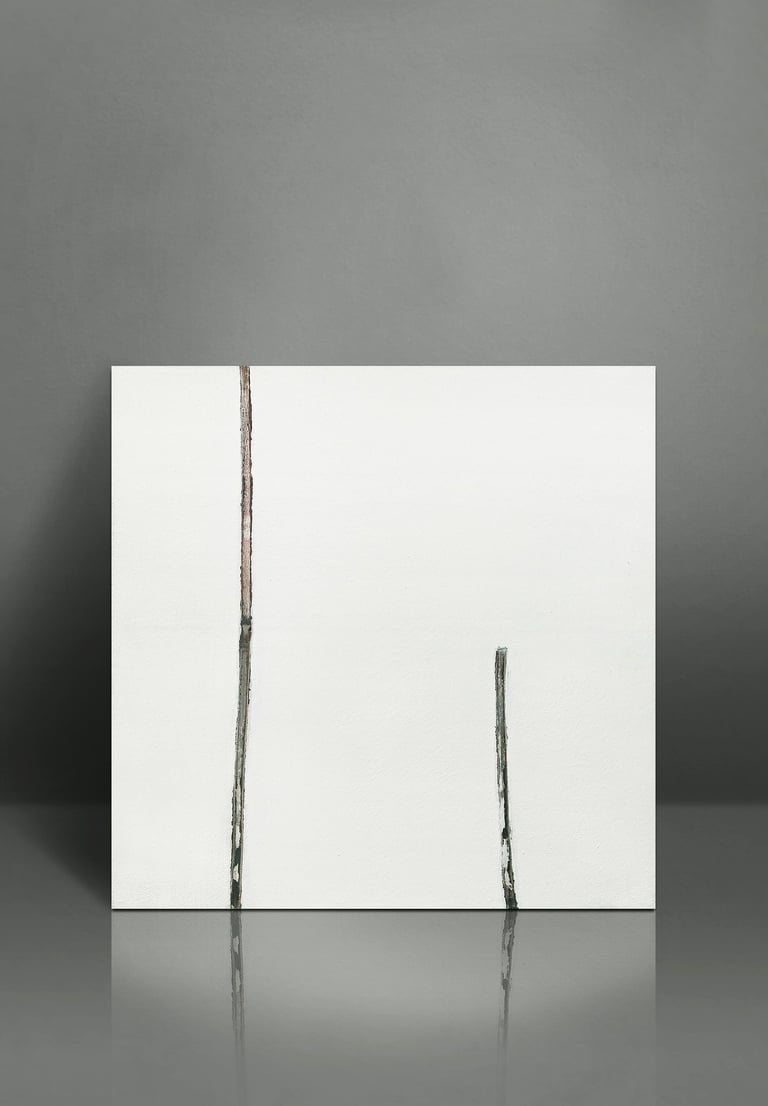 Minimalist abstract canvas art featuring vertical black lines on a white textured background.