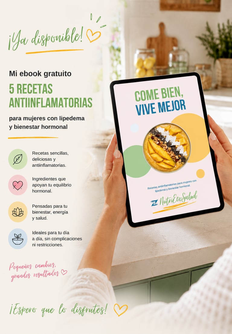 Tablet displaying a free anti-inflammatory recipes ebook for lipedema and hormonal health on a kitchen counter.