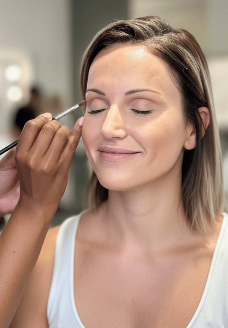 a woman is getting her makeup done by a professional makeup artist