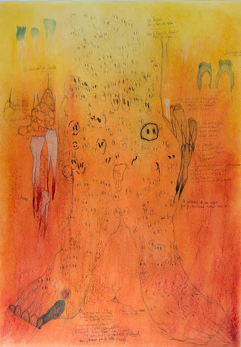 karine-nguyen-van-tham-la rivière aux ancêtres, dessin mediumnique, pastel et mine graphite