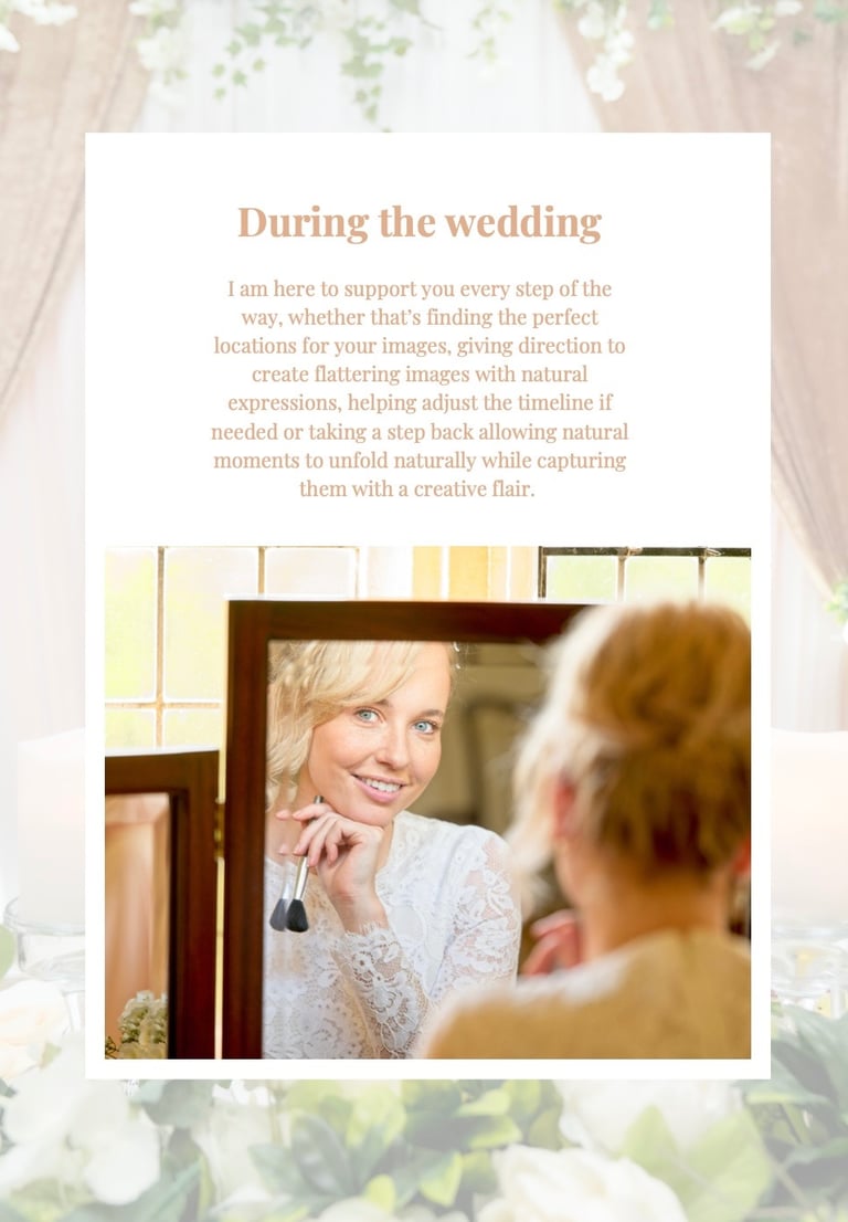 Smiling bride looking in mirror at the camera, bride in traditional white lace wedding dress