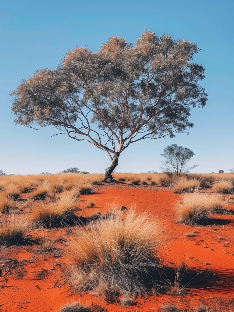 A solitary tree growing in the red soil of the Australian outback