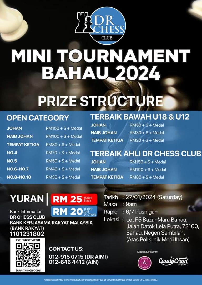 Malaysia Chess. Catur Malaysia. Mini Tournament Bahau 2024 