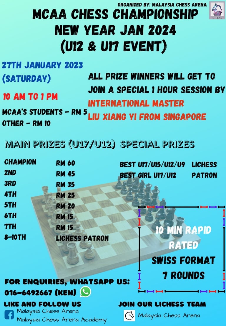 MCAA Chess Championship New Year Jan 2024 (U12 & U17 event). Malaysia Chess. Catur Malaysia. 
