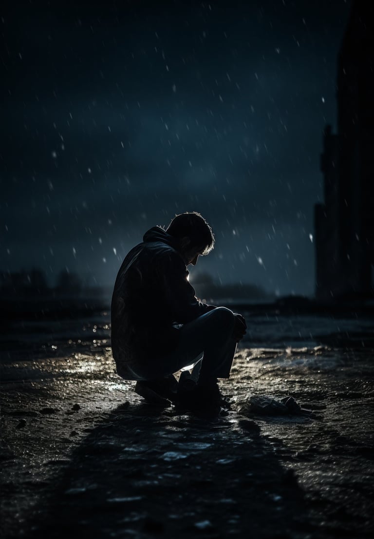 Hombre en cuclillas pensativo bajo la lluvia https://bit.ly/44QmqeE
